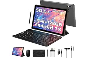 LINROM Tablet 10 inch Android 15, 36GB RAM, 128GB ROM (TF 1TB), 1080P Widevine L1, 5G WiFi Octa-Core, 8000mAh, 5MP+8MP, Tablet with Keyboard|Mouse|Case|Earphone-Grey