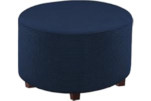 MOVKZACV Round Ottoman Slipcover Footstool Protector Covers Storage Stool Ottoman Covers Stretch with Stretch Bottom, Textured Checked Jacquard Fabric Machine Washable