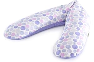 Theraline Cuscino originale per gravidanza e allattamento, riempito con microperle di sabbia originali, con rivestimento esterno Waterdots lilla, 190 cm