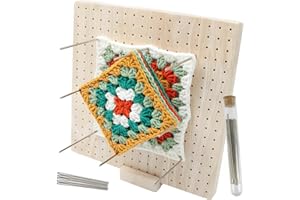 Planche de Blocage Crochet en Bois Planche de Blocage Tricot avec 20 Épingles 5 Grandes Aiguilles à Chas et Support Tapis de Blocage Tricot Bois Carrée pour Tricot au Ccrochet 23.5x23.5cm