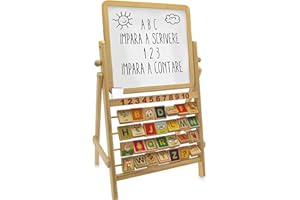 TEOREMA GIOCATTOLI Teorema 40513 - Lavagna per Bambini con Cavalletto Multiattività Double Face in Legno con Alfabetiere, Numeri dall'1 al 10 e Accessori