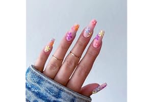 Luvadeyo - 24 unghie finte, ballerina, lunghezza media, da donna e ragazza, in acrilico, con motivo floreale, olore: nude/rosa opaco