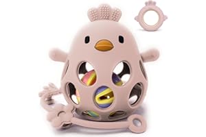 MÜVI - Mordedor bebé sensorial con sonajero y cadena, Mordedor de dentición +3 meses, Silicona alimentaria, suave y sin BPA, Fácil de agarrar y morder, Alivio para encías - Teether. (Pack Rosa Palo)