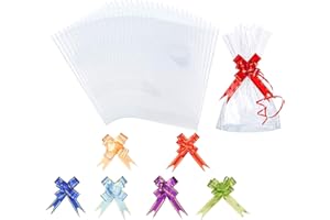 AUERVO 60PCS Clear Resealable Flat Cello Bags - OPP Plastic Cellophane Storage Bags for Sweet/Party/Gift/Home with Mix Colors Pull Bows