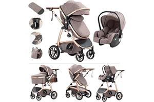 Kakbgee Poussette Combinée 3 en 1, Poussettes Citadines Avec Siège Auto ECE R129, Poussette Poignée Réglable en Hauteur, Nacelle Souple Convertible Cadre en Aluminium Pour Nouveau-né 0-4 years