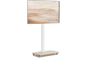 FITUEYES Soporte TV Ruedas Blanco de Serie E con Base de Madera para Pantallas de 32 a 70 Pulgadas,MAX VESA600*400mm,Soporte TV Suelo Ruedas con Función Giratoria,Ajuste de Altura,Gestión de Cable