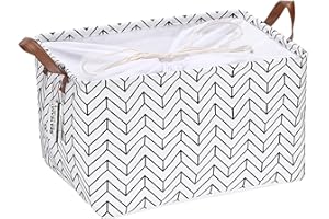 Sea Team Kosz do przechowywania, marokański wzór kratki, tkanina lniana, składany, geometryczny design, kosz do przechowywania ze sznurkiem i uchwytami ze sztucznej skóry, 41,9 x 29,2 cm, wodoszczelna strona wewnętrzna