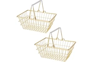 your castle Juego de 2 cestas de supermercado Mini decoración Hecha de Metal, para Guardar en el baño, la Cocina o el Pasillo, Color: Dorado con Mangas Blancas, 18 x 13 x 8 cm