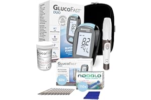 GLUCOFAST Duo Bundel aus Messgerät (mmol/L) + 50x Blutzucker-Teststreifen + 100x Lanzetten