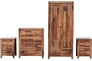 Kingwudo® Wooden Bedroom Furniture Set - 4 Pieces (2 x 3 Drawers, 3+2 Drawers Chest, 2 Door 2 Drawer Wardrobe) Storage and Wardrobe Sets