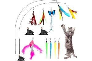 GOHHME 14 pcs Juguete Pluma de Gato Interactivo,Pluma con Ventosa,Juguetes para Gatos Interactivos Varita Ventosa con 2 cañas y 10 recambios de Plumas con cascabeles y 2 ventosas para Gatitos