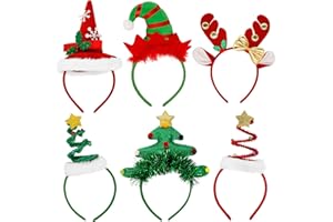 Yiezio Christmas Headbands 6Pcs, Flexibility to Fit, Christmas Tree Headband with Bells, Reindeer Antler Xmas Tree Head Hat Toppers, Xmas Fancy Costume Headband Hats for Holiday Supplies