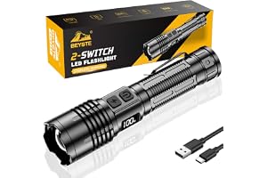 BEYSTE Stark Ficklampa Led Uppladdningsbar 1000000 Lumen - 1500m | ficklampa led med 2 strömbrytare, 3 lägen, zoomfunktion, aluminium flashlight med klämma för camping, vandring