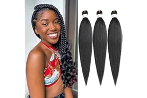 Kachanaa 16 Inch Pre Stretched Braiding Hair 3 Packs EZ Braids Yaki Hot Water Setting Kanekalon Hair for Braiding Yaki Texture Black Pre Stretched Braiding Hair Extensions 1B#