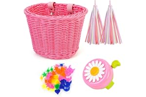 OUMERS Ensemble de Panier de Vélo pour Enfants, Cloche et Banderoles de Vélo pour Enfants, Accessoires de Décoration de Vélo d'équilibre, Panier de Vélo, Perles de Rayons de Roue pour Filles