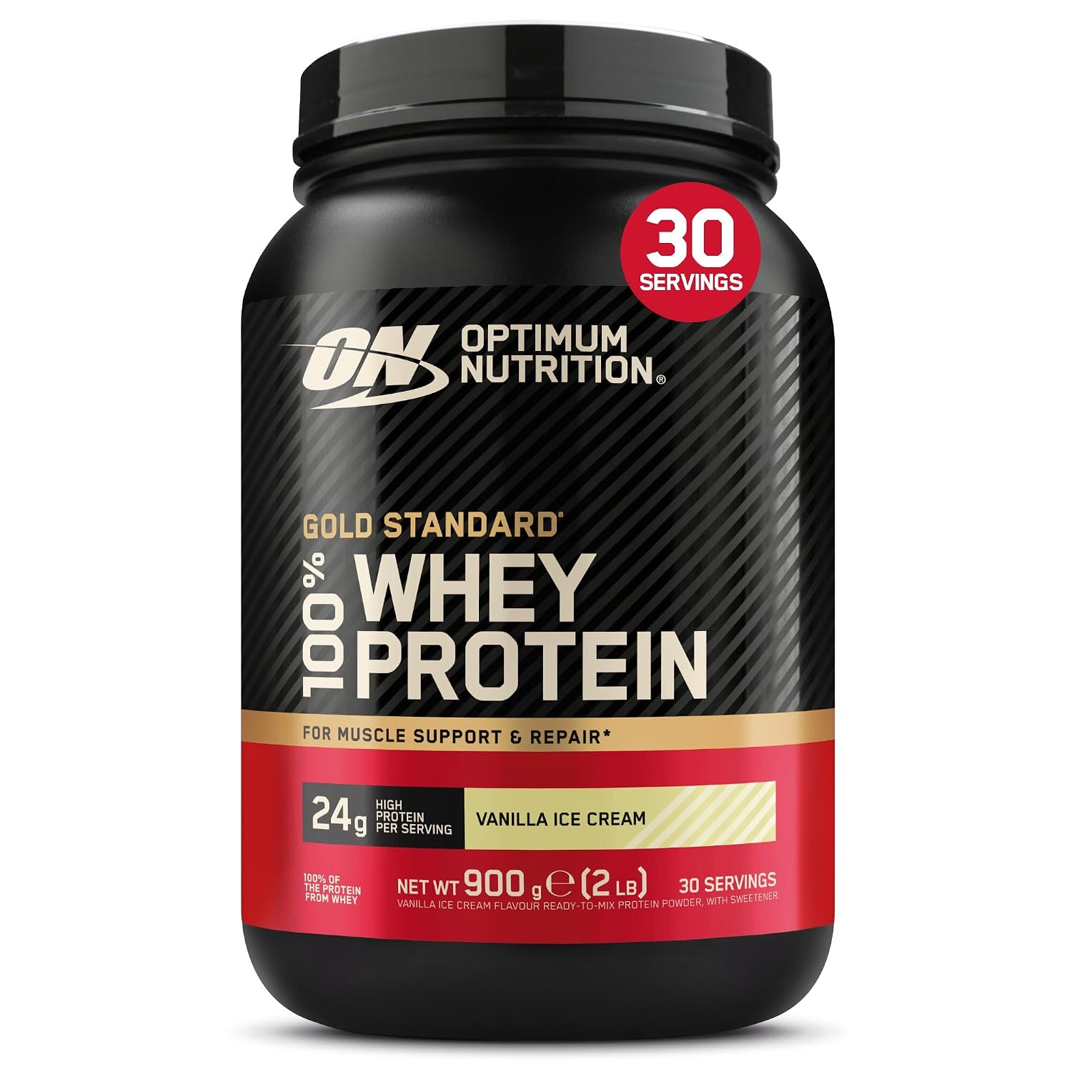 Optimum Nutrition Gold Standard 100% Whey, eiwitpoeder, vanille-ijs, 900 g, 30 blikjes