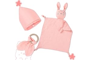 BINYI Baby Geschenk Junge Mädchen Neugeborene Geschenkset Babygeschenke 3 Stück Geschenke zur Geburt mit Schnuffeltuch Hase und Beißring Holz und Lätzchen Baby für Neugeborenen Babyparty Sachen (Rosa)