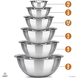 Mixing Bowls Mixing Bowl Set of 6 - Stainless Steel Mixing Bowls - Polished Mirror Kitchen Bowls - Set Includes Ã‚¾, 2, 3.5, 5, 6, 8 Quart - Ideal for Cooking & Serving - Easy to Clean - Great Gift