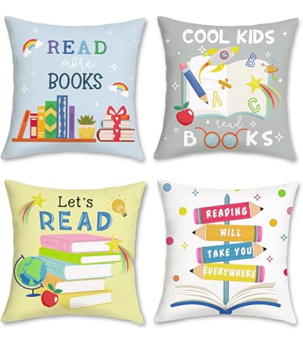Joymaison Federe per Cuscini Divano 45x45 set da 4 Bambini Libri Federa Copri Cuscino Angolo Relax Sole Arcobaleno Federe Confezione Copricuscini Quadrati per Casa Divano