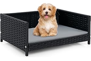 COSTWAY Canapé pour Chiens Chats, Lit Surélevé pour Chien en Rotin, Canapé-lit pour Animaux de Compagnie avec Coussin Doux et Cadre en Métal, 62 x 46 x 25 cm, Charge 30 KG, Gris
