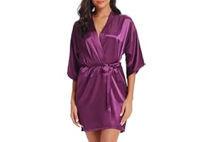 Wikoan Peignoir de Bain Femme Satin Robe de Chambre Peignoir Kimono Nuit Manches 3/4 Court Sortie de Bain Femme Robe Bride