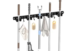 Carehabi Accroche Balai Mural, 5 Support Balais Mural et 4 Crochets Noir, Porte Balai avec Percage ou Adhésif san Percage, Organisateur pour Salle de bain, Garage, Outils de Jardinage, Cuisine