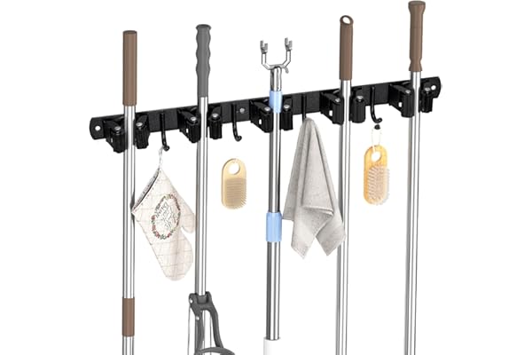 Carehabi Accroche Balai Mural, 5 Support Balais Mural et 4 Crochets Noir, Porte Balai avec Percage ou Adhésif san Percage, Organisateur pour Salle de bain, Garage, Outils de Jardinage, Cuisine