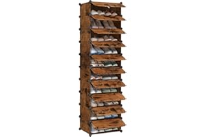 SONGMICS Scarpiera a 10 Scomparti, Scaffale Componibile in Plastica, Armadietto Portascarpe Fai da Te con Ante e Martelletto, Mobiletto Porta Scarpe, Marrone Vintage LPC010A01