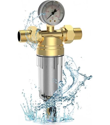 PUREPLUS - Filtro acqua per sedimenti da 40 micron, con sistema di pre-filtrazione riutilizzabile per acqua di rubinetto, 1 MNPT + 3/4 FNPT + 3/4 MNPT, ottone, BPA Free, USA Tech