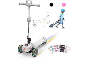 iScooter ik2 Patinete Electrico Niño, Patinete Niño De 3 Ruedas con Asa, Altavoz Bluetooth, Altura Regulable En 3 Niveles, Luz Led Arcoíris, Plegable, 3 A 12 Años, Regalo para Niños, Negro，Blanco