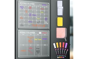 ACCWORK Magnetic Fridge Planner, 15.7''x11.8'' Monthly Weekly Planner for Fridge Clear Acrylic Calendar Board with Dry Eraser, 6 Markers, Pen Holder & Cloth for Menu, Meal, Memo (2 Set)