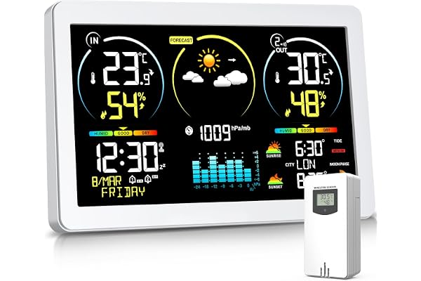 Station Météo avec Capteur Extérieur, Thermomètre Numérique Sans Fil à Affichage Couleur, Contrôle de la Température et de l'humidité, Prévisions Météo avec Rétroéclairage Réglable, Blanc