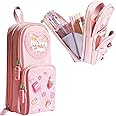Okean® Canvas Premium Pencil Case 6 Layer with 3 Compartment Cute Aesthetic Pencil Case for Girls Large Capacity Pencil Pouch for School Kids Cute Stationary Gift, Happy Pink