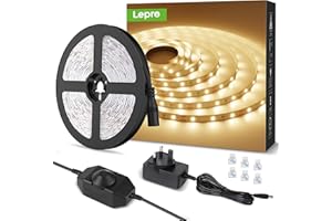 Lepro Warm White LED Strip Light 5M 300 LEDs, 1650lm Dimmable LED Tape Lights, 3000K Flexible LED Lights for Bedroom Kitchen Under Cabinet Wardrobe Stair (12V Power Plug and Dimmer Switch Included)