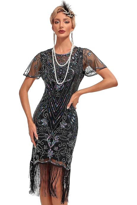 Costume Charleston Années 20 Pour Femme - Robe à Paillettes à Franges Avec Accessoires (boa, Collier, Bandeau)