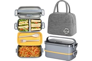 Haoh Bento Lunch Box Kit,1600ml 2 Etages Boite Repas avec Sac Isotherme Repas, Hermétique Boîtes Bento pour Pique Nique, Travail, Goûter, Ecole, Boîte à Lunch Micro Ondable(Gris)
