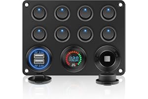 Geloo Pannello Interruttori a Bilanciere 12V/24V Impermeabile Levetta 8 Interruttore con Voltmetro Digitale Accendisigari Doppio Caricatore USB da 4,2 A per Barca, Auto, RV, Camper