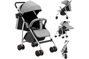 HUOLE Buggy für Babys, ultraleicht, kompakt, faltbar und neigbar, von Geburt bis 25 kg, mit Trolley-System, Regenschutz inklusive, ausziehbarer Haube, C-grau