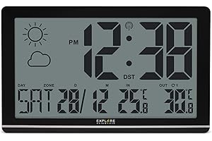 Explore Scientific RDC8001 Orologio da Parete Jumbo Radio-Controllato,visualizza temperatura interna/esterna, 1 Sensore incluso, Previsioni del Tempo ad icone, nero