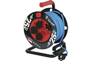 EMOS enrouleur de câble d'exteriéur, résistant au gel avec isolation en PVC durable, 25m de câble 1,5 mm2, 4 prises avec couvercles rabattables, IP44 étanche pour l'extérieur, l'industrie, le chantier