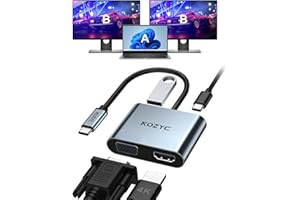 KOZYC USB C to HDMI VGA Adapter, 4 IN 1 Multiport Hub with 4K HDMI, VGA, USB 3.0, 100W PD, USB-C to Dual Monitors, Support Extend & Mirror Mode, Compatible with MacBook Pro/Air, Dell
