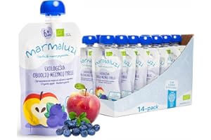 Marmaluzi Premium Organic Baby Food - 6 Months+ Baby Food Pouches - Apple & Blueberry Baby Puree - Gluten free, Dairy Free, Non GMO Baby Pouches - Value pack (14 x 90g.)