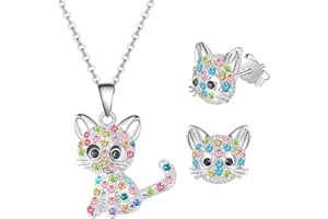 jagosen Girls Jewellery Set 2 PCS Cat Earrings Necklace Set Sterling Silver Kids Crystal Cat Lovers Gifts For Women Girls Christmas Birthday Presents