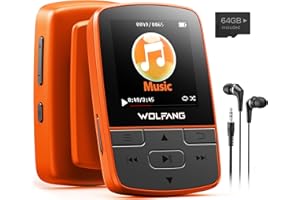 WOLFANG Reproductores MP3 de 64 GB con Bluetooth 5.2, Clip Deportivo, tamaño Mini, Peso de 1 Onza, Radio FM HiF, grabadora de Voz, Auriculares incluidos, Naranja
