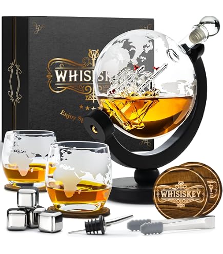 Whisky Weltkugel Dekanter Mit Antikem Auto – Mundgeblasen, Bleifrei & Inkl. 4 Gläsern | Perfektes Geschenk Für Whisky-Liebhaber