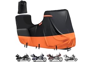 DOCEPERT Abdeckplane Motorrad mit Side+Top Box,600D Motorrad Plane Wasserdicht,5 Reflektierende Streifen für Harley Davidson Touring Modelle,Motorradabdeckung Outdoor,UV-Schutz (300x111x142cm,Schwarz-Orange)