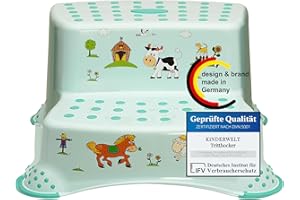 ‎KINDERWELT KiNDERWELT Premium zweistufiger Tritthocker für Kinder und Babys, Bauernhof Design in Aquamarin, Tritthocker 2 Stufen für Kleinkinder ab 3 Jahren, abwischbar, rutschfest und BPA-frei
