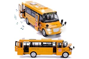 Crelloci School Bus Toy, Die Cast Model Car with Flashing Lights & Sounds, Friction Powered, Back & Side Doors Open, Large Yellow Metal Toy Vehicles, Play Bus Easter Gift for Kids Toddlers Ages 3+