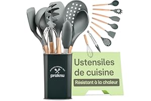 PRAKNU Ustensiles de Cuisine en Silicone Gris- 8 pcs Accessoire Cuisine en Bois & Silicone Résistant à la Chaleur - Certifié par la FDA - Sécurité Alimentaire - Avec Boucle D'accroche