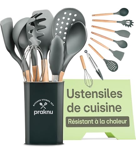 Lot 12 Ustensiles Cuisine – Silicone Et Bois, Noir